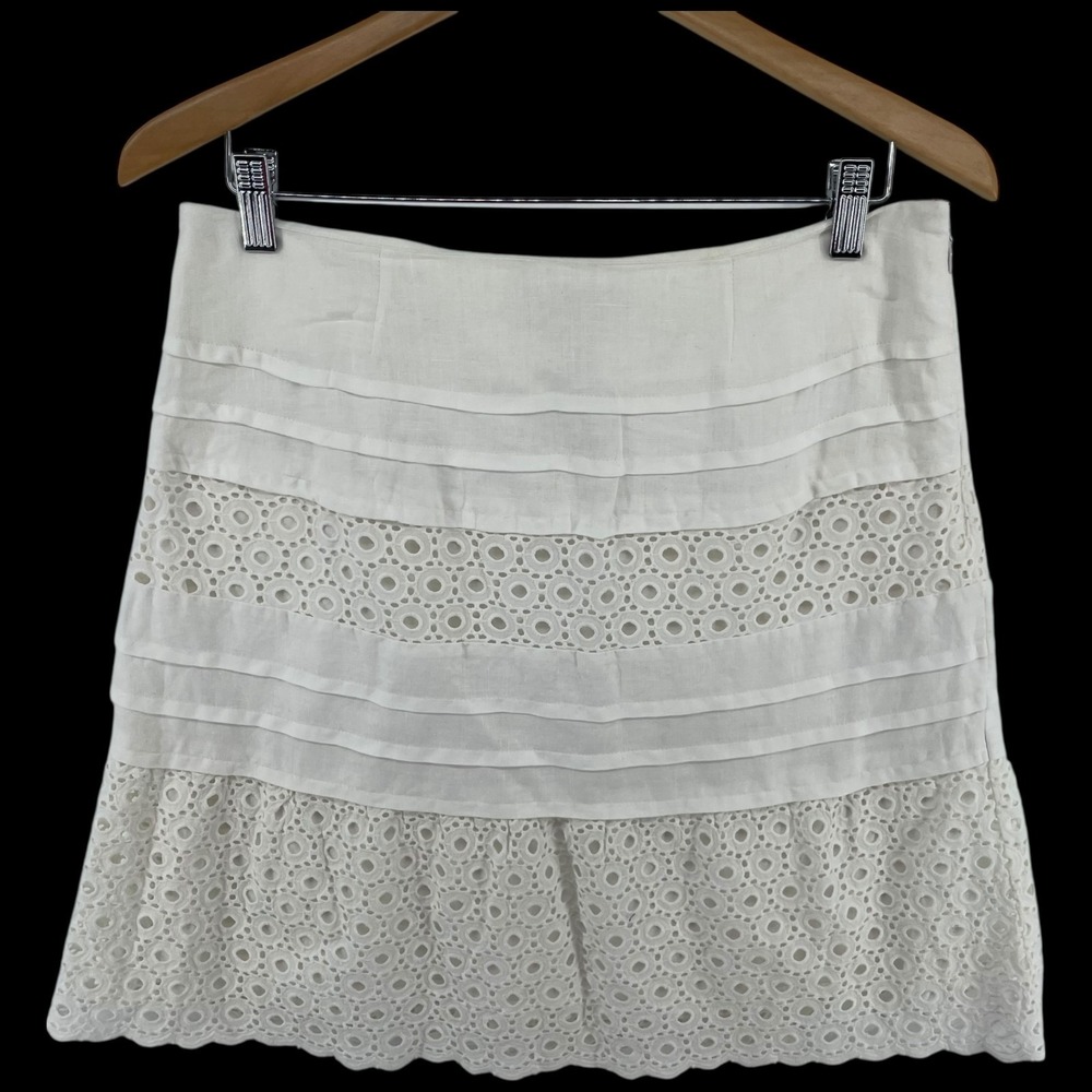 INC  Linen Skirt Women Size 10P Eyelet WHITE A Line Cottage Boho Y2K Lined‎